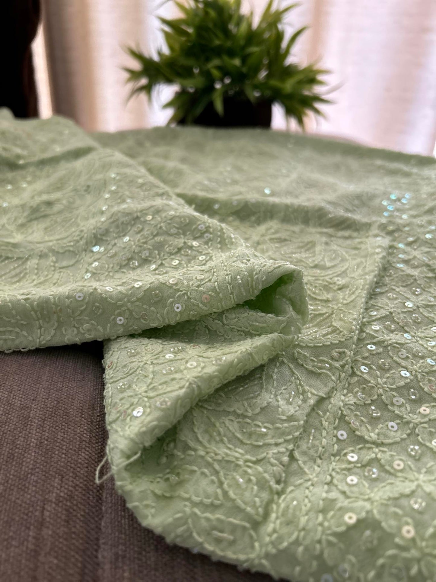 Green Party Wear Cut Dana Chikankari Kurta Dupatta Set