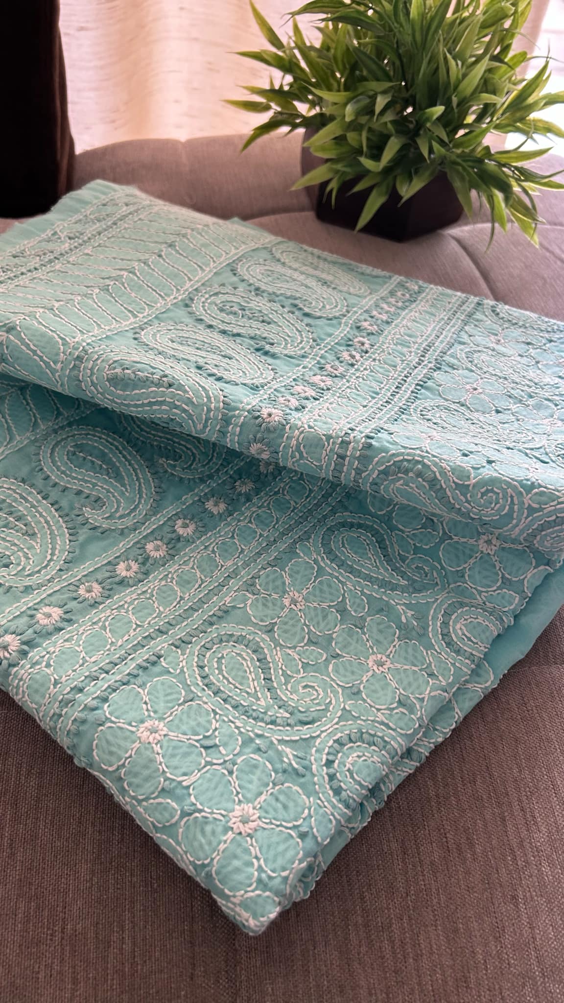 Sea Green Cotton Chikankari Kurti Fabric (Kurti Fabric)