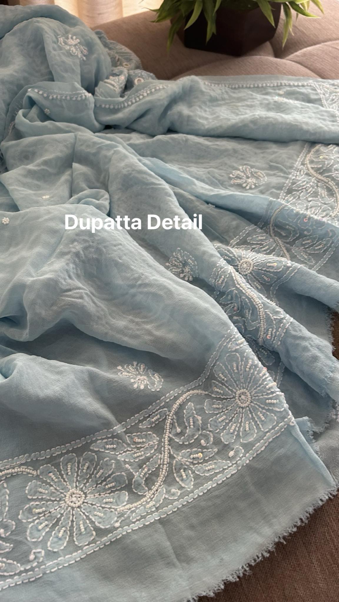 Powder Blue Mirror & Pearl Lucknowi Suit (Kurta & Dupatta)