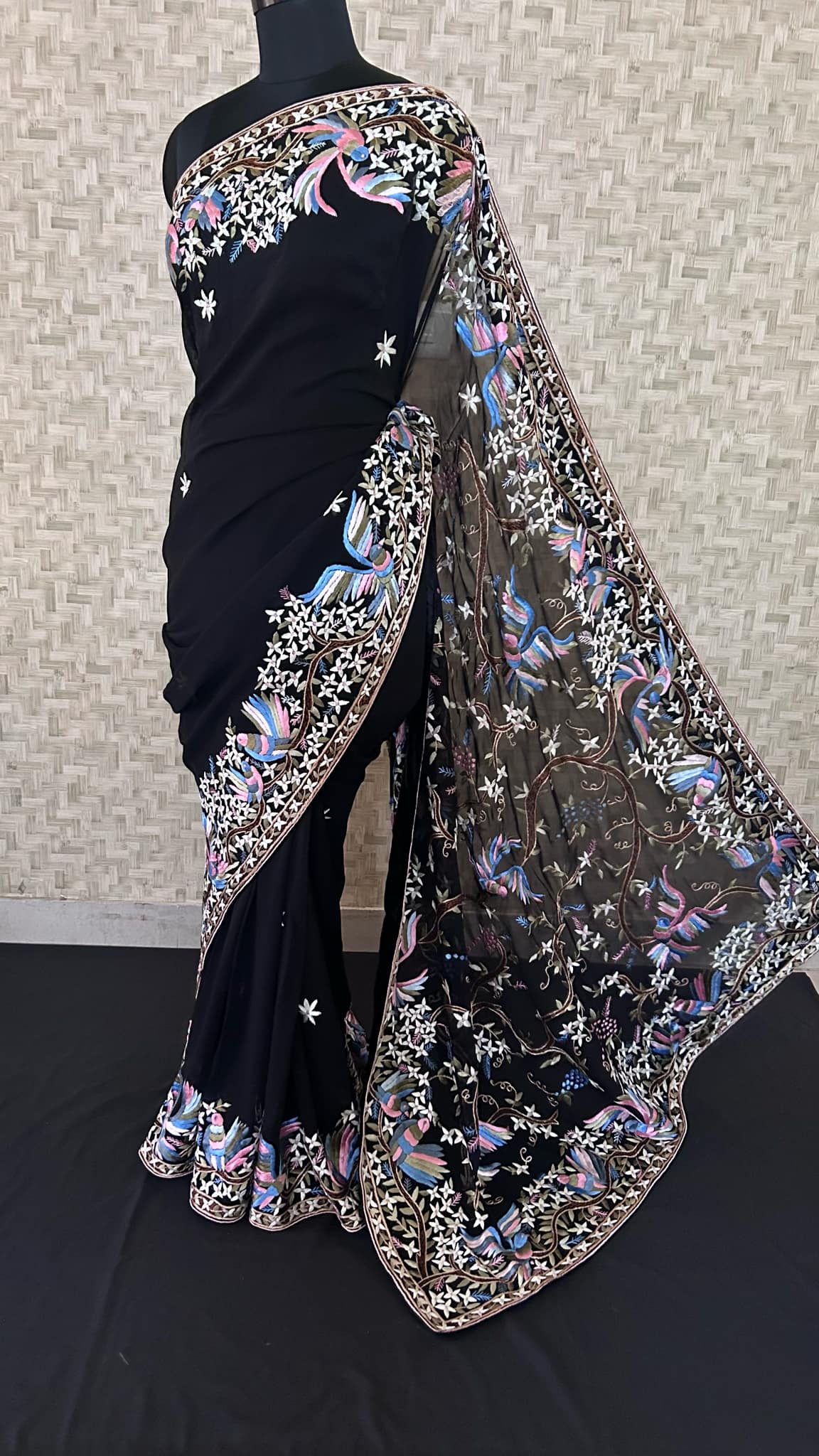 Black & Multicolour Parsi Gara Saree- Pure Georgette