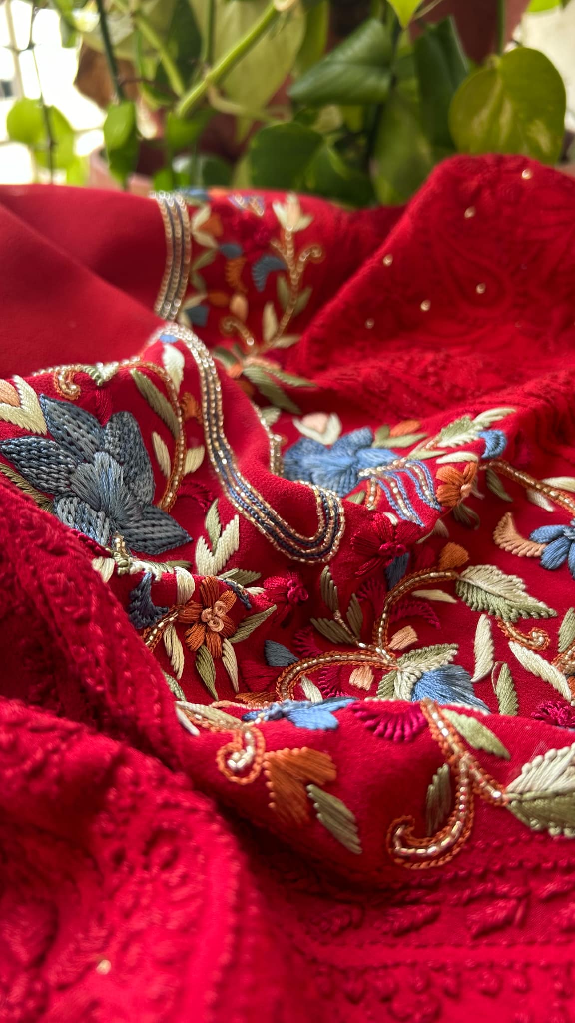 Red Chikankari & Kamdani Multicolour Neckline Suit