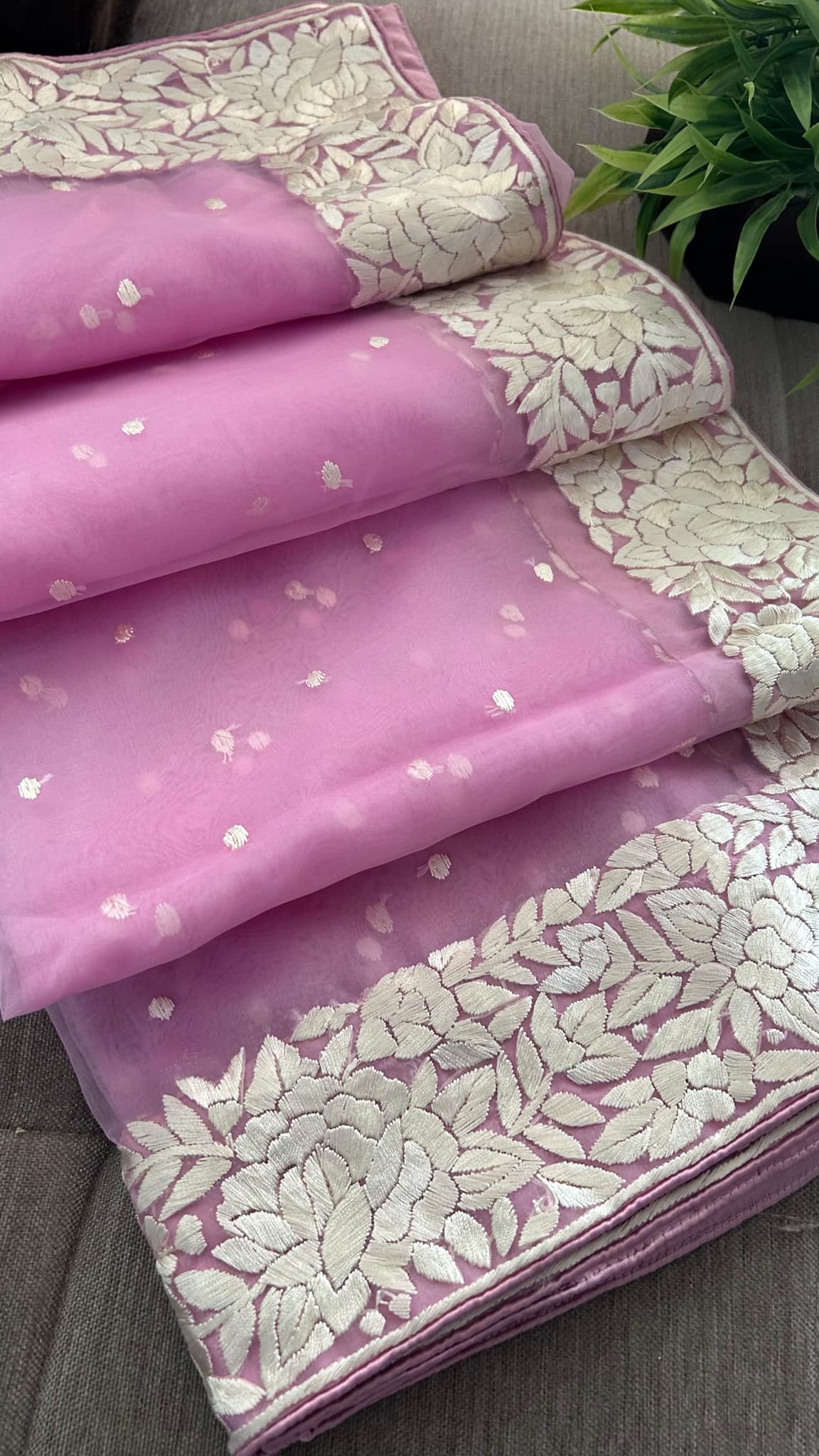 Light Pink Organza Parsi Gara Dupatta