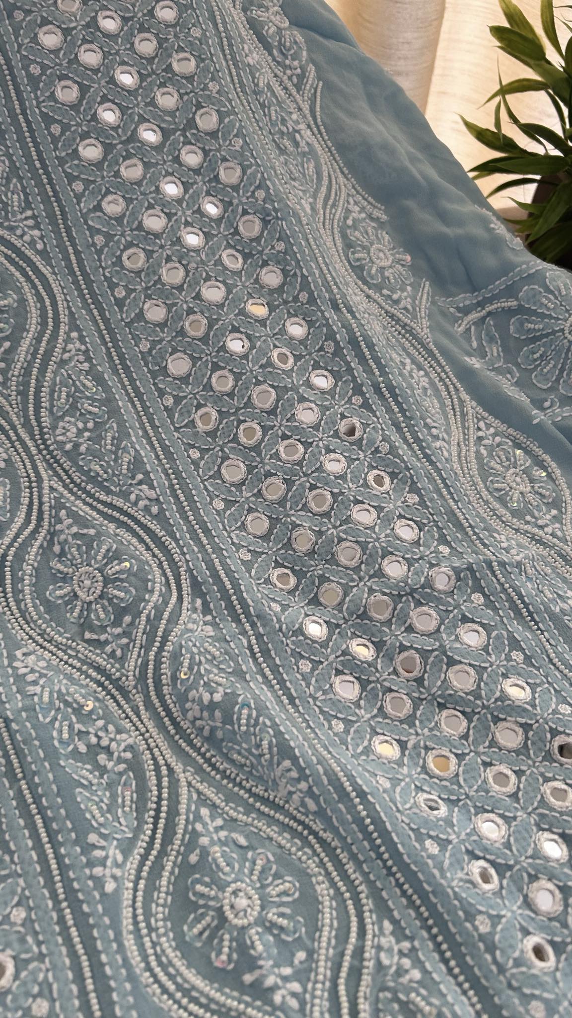 Powder Blue Mirror & Pearl Lucknowi Suit (Kurta & Dupatta)