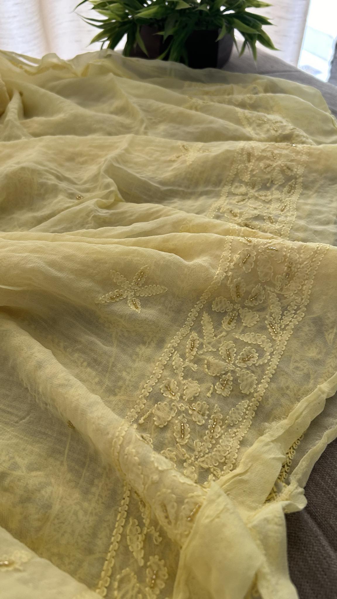 Yellow Party Wear Cut Dana Chikankari Kurta Dupatta Set