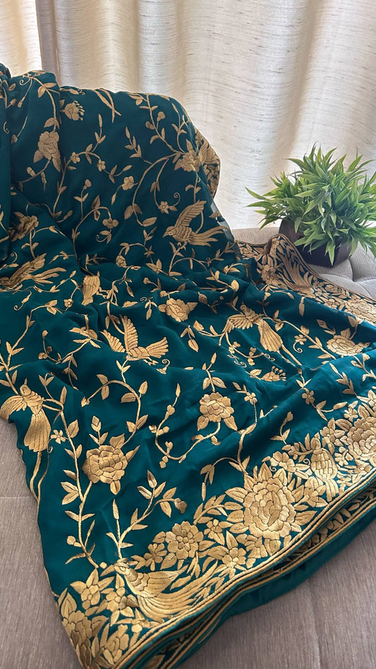 Emerald Green & Gold Hand Embroidered Parsi Gara Saree
