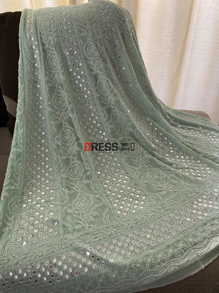 Aqua Green Mirrors & Pearl Anarkali Suit Chikankari