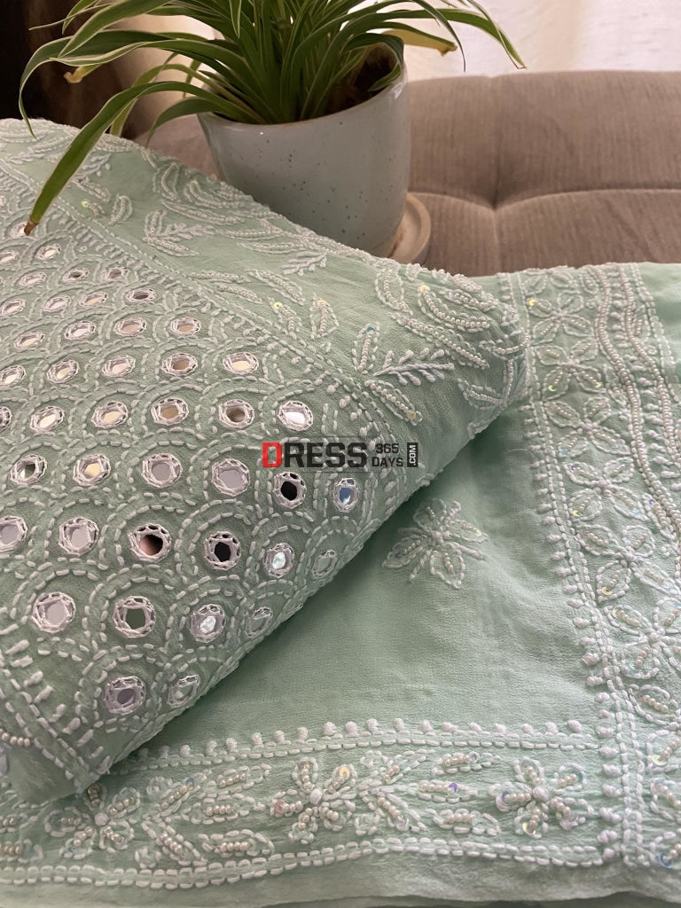 Aqua Green Mirrors & Pearl Anarkali Suit Chikankari