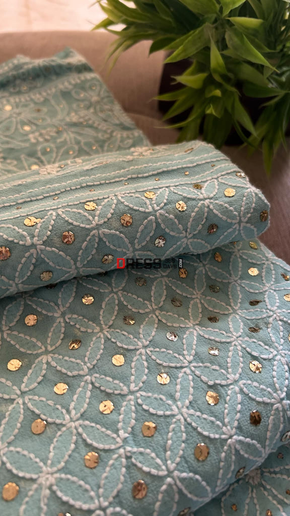 Aqua Green Mukaish Chikankari Dupatta