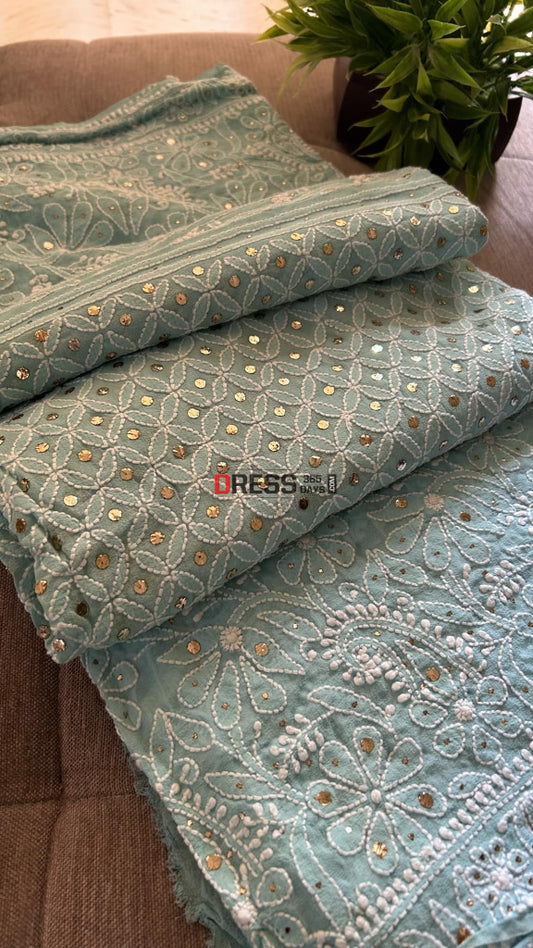 Aqua Green Mukaish Chikankari Dupatta