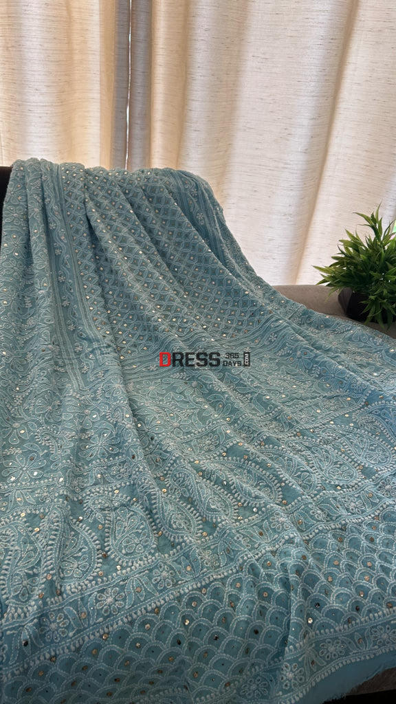 Aqua Green Mukaish Chikankari Dupatta