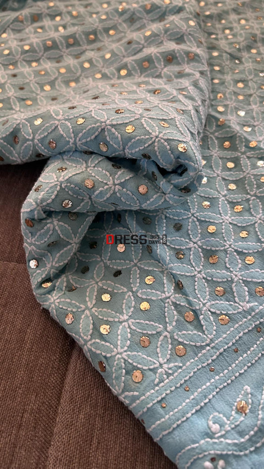 Aqua Green Mukaish Chikankari Dupatta