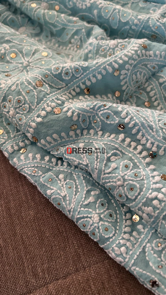 Aqua Green Mukaish Chikankari Dupatta