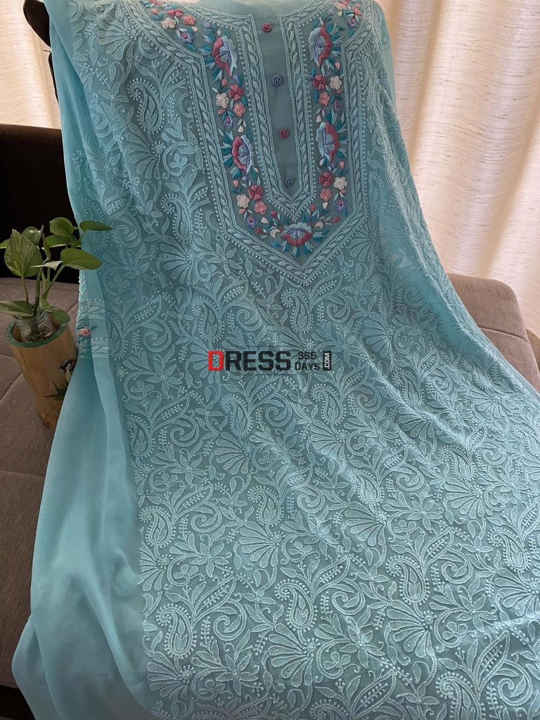 Aqua Green Parsi Gara Neckline Chikankari Suit Suits