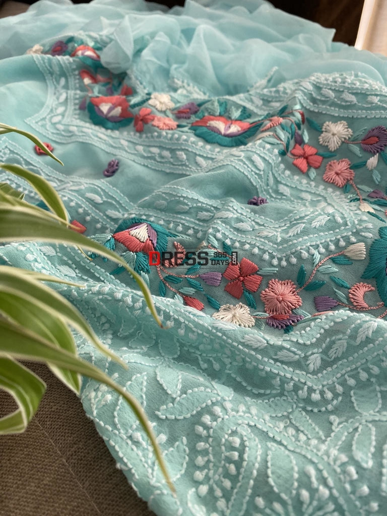 Aqua Green Parsi Gara Neckline Chikankari Suit Suits