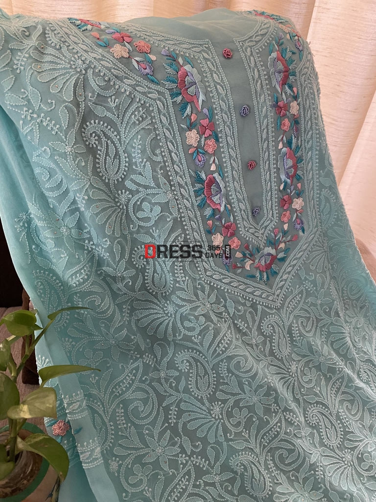 Aqua Green Parsi Gara Neckline Chikankari Suit Suits