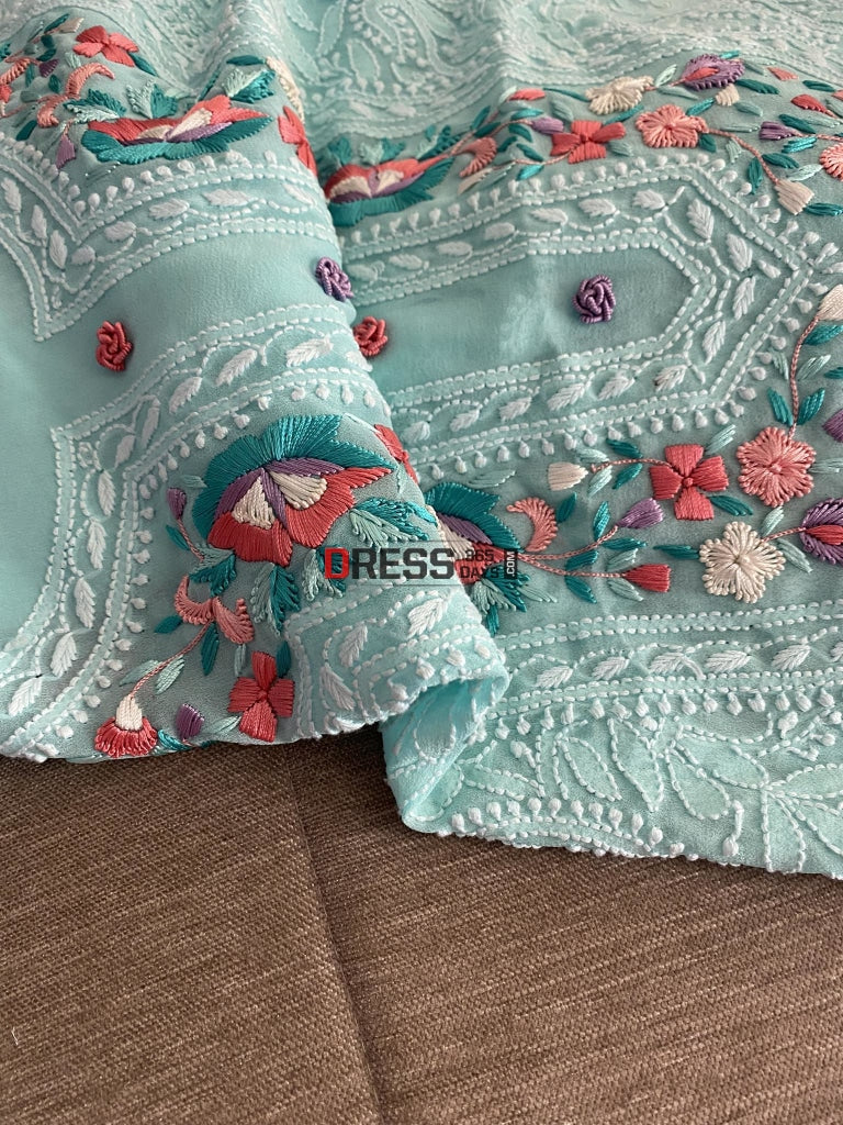 Aqua Green Parsi Gara Neckline Chikankari Suit Suits