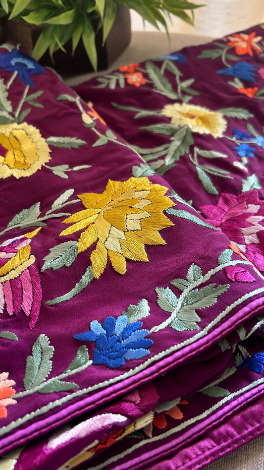 Crepe Silk Wine Parsi Gara Dupatta