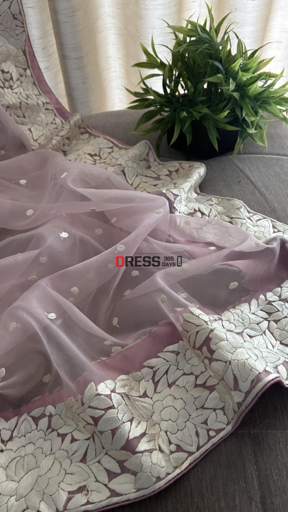 Baby Pink Organza Parsi Gara Hand Embroidered Dupatta