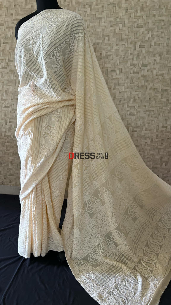 Beige Chikankari Hand Jaali Saree Chikankari Saree