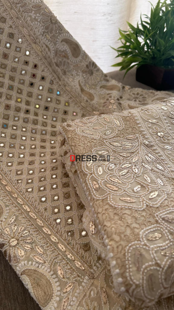 Beige Chikankari Mirror Gota Patti Lehenga Set