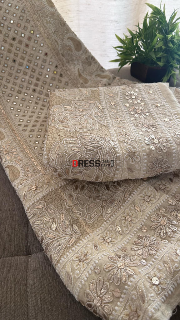 Beige Chikankari Mirror Gota Patti Lehenga Set