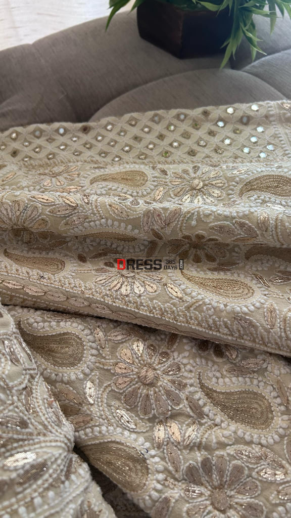 Beige Chikankari Mirror Gota Patti Lehenga Set