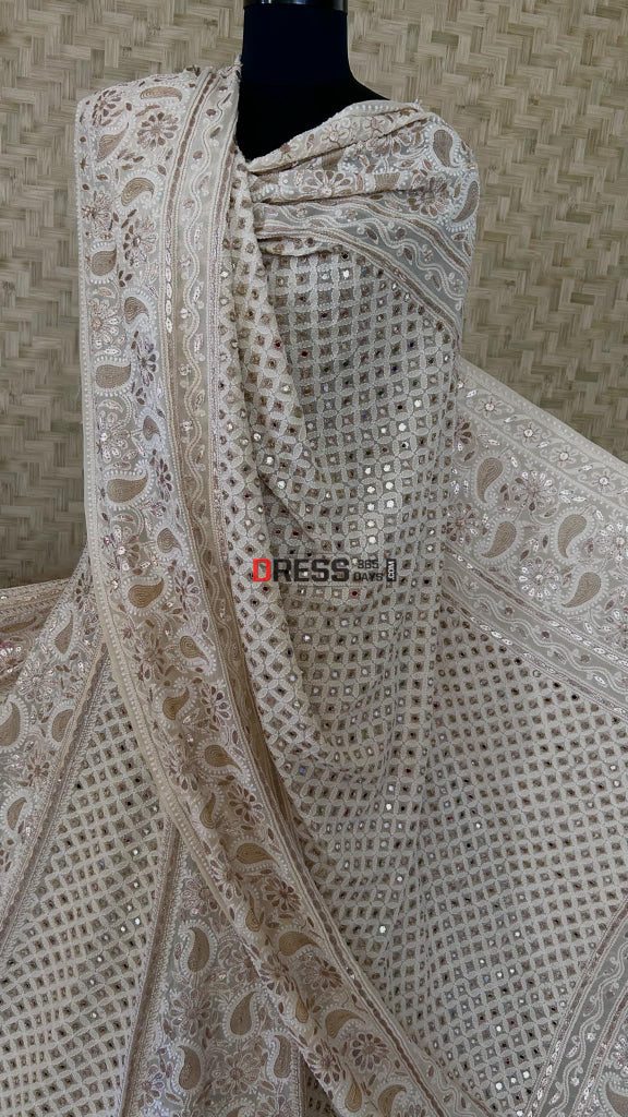 Beige Chikankari Mirror Gota Patti Lehenga Set