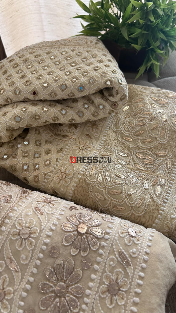 Beige Chikankari Mirror Gota Patti Lehenga Set