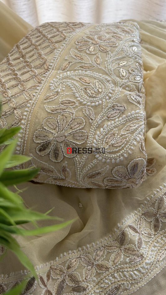 Beige Gota Patti & Pearl Chikankari Anarkali Suit