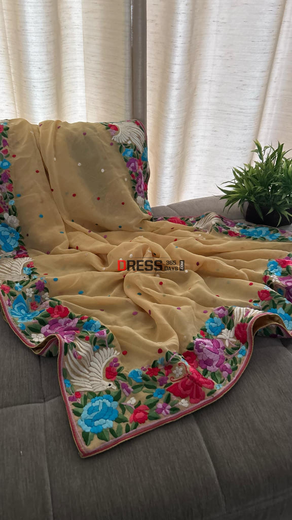 Beige & Multicolour Parsi Gara Dupatta