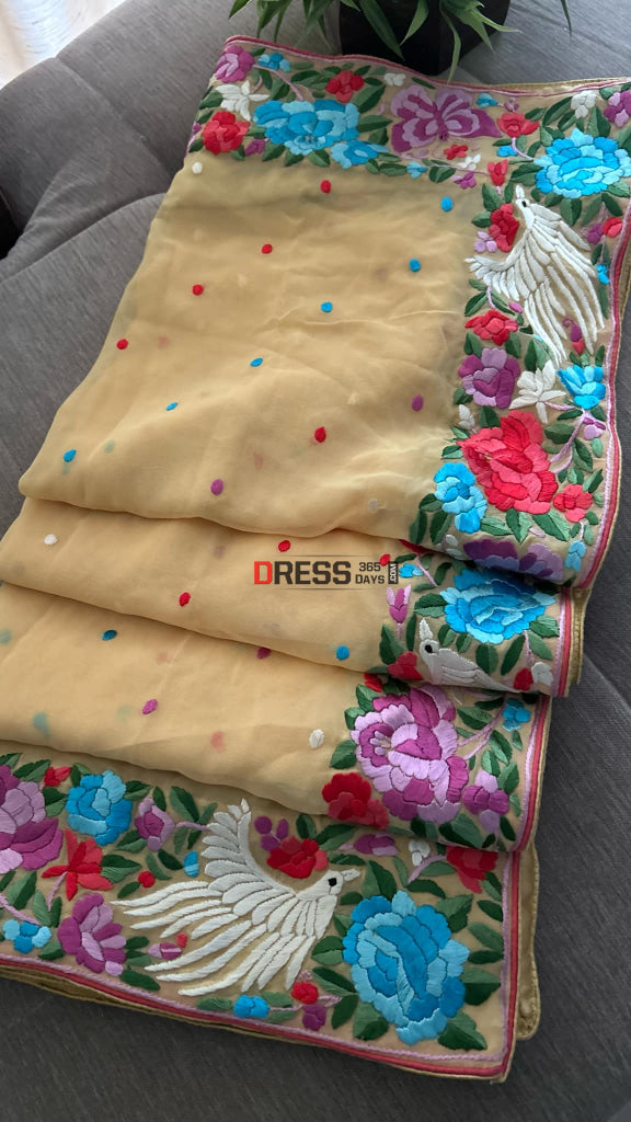 Beige & Multicolour Parsi Gara Dupatta