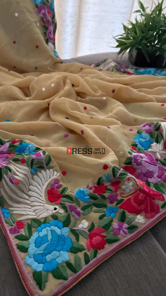 Beige & Multicolour Parsi Gara Dupatta