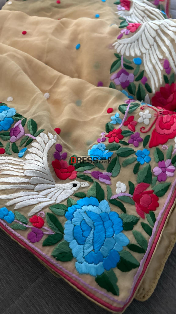 Beige & Multicolour Parsi Gara Dupatta