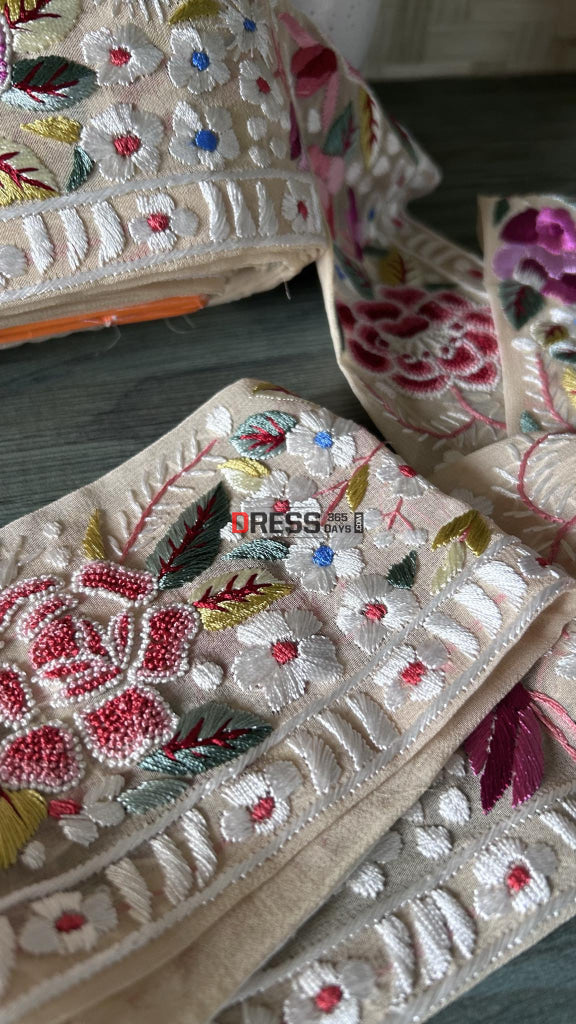 Beige & Multicolour Parsi Gara Hand Embroidered Border