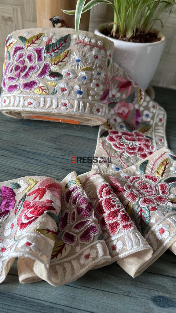 Beige & Multicolour Parsi Gara Hand Embroidered Border