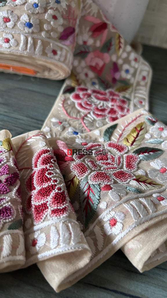 Beige & Multicolour Parsi Gara Hand Embroidered Border