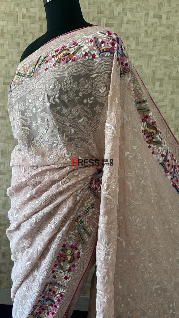 Beige Parsi Gara & French Knot Chikankari Saree