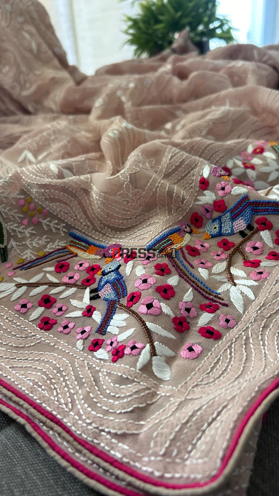 Beige Parsi Gara & French Knot Chikankari Saree