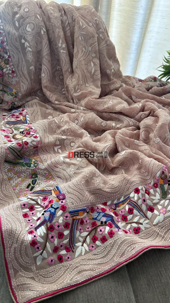 Beige Parsi Gara & French Knot Chikankari Saree