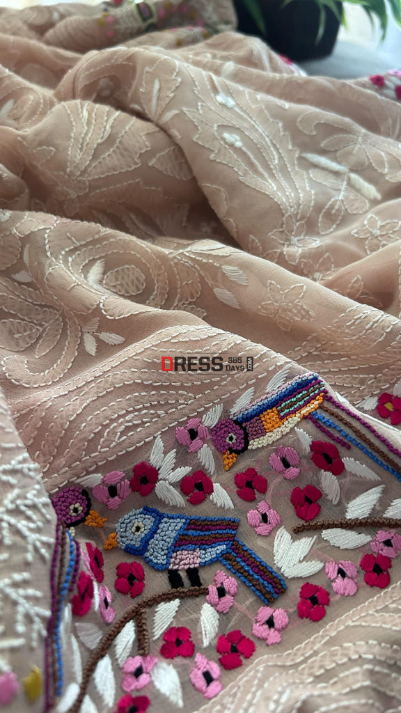 Beige Parsi Gara & French Knot Chikankari Saree