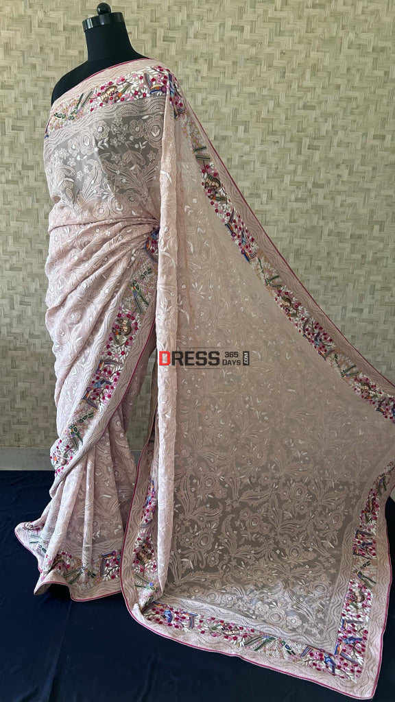 Beige Parsi Gara & French Knot Chikankari Saree