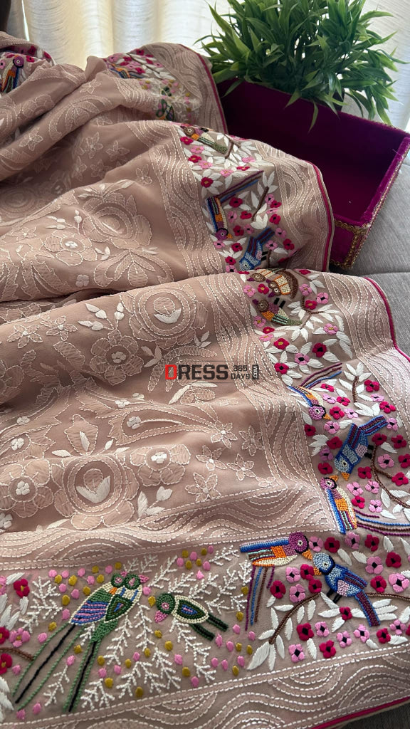 Beige Parsi Gara & French Knot Chikankari Saree