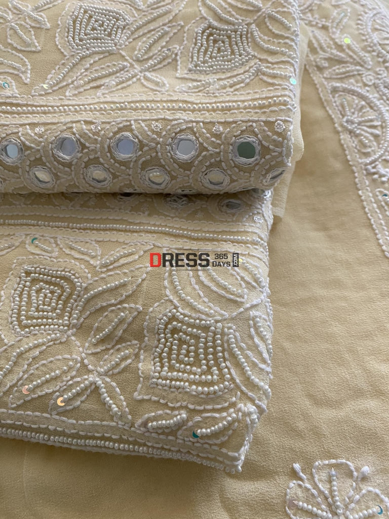 Beige Pearl & Mirror Chikankari Suit Suits