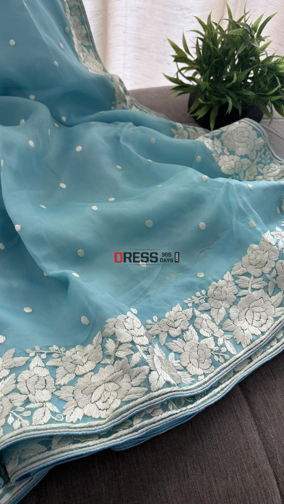 Blue Organza Parsi Gara Saree