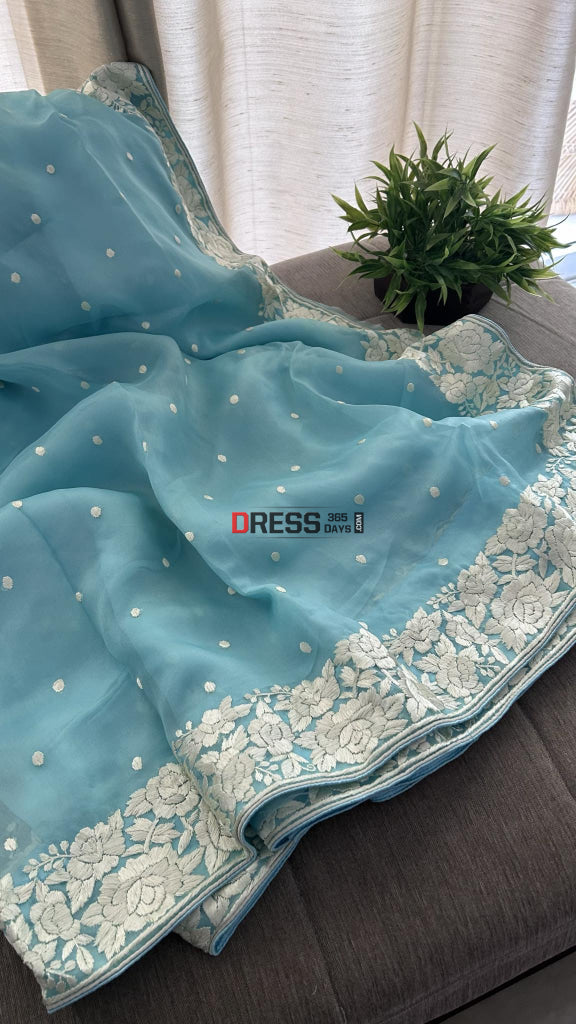 Blue Organza Parsi Gara Saree