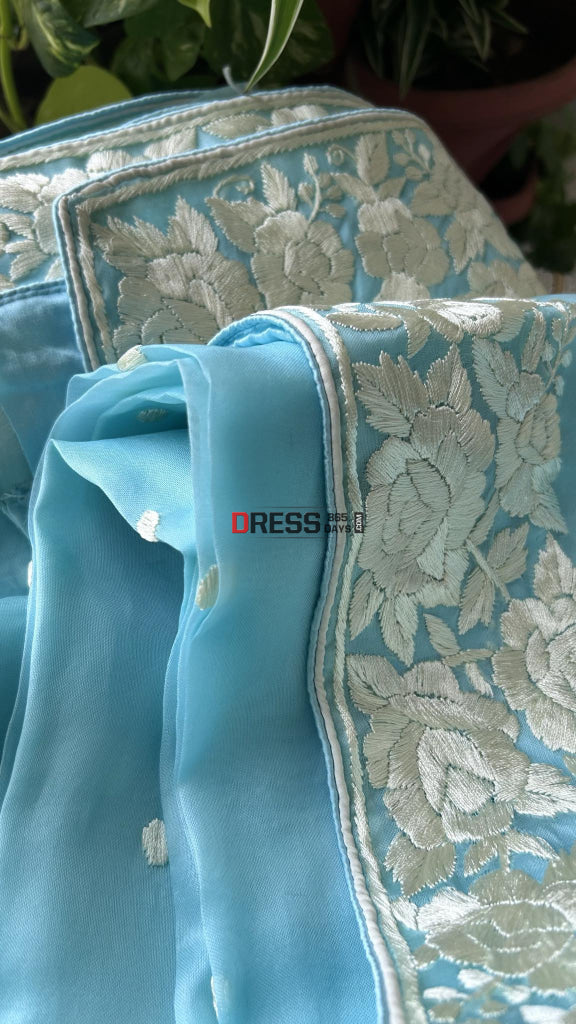 Blue Organza Parsi Gara Saree