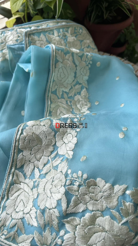 Blue Organza Parsi Gara Saree