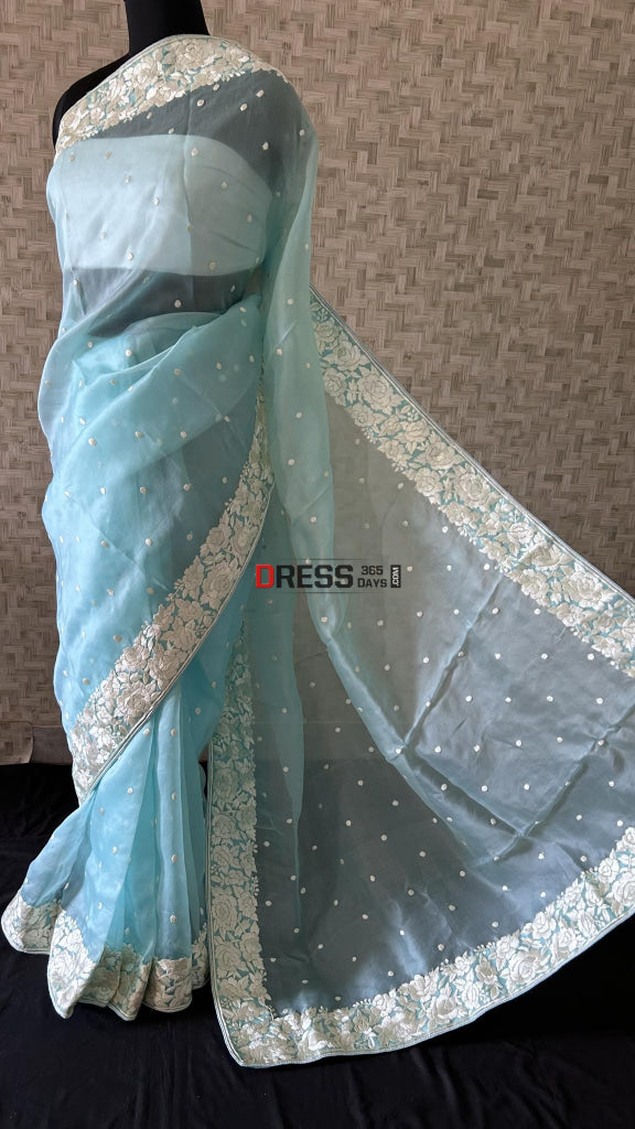 Blue Organza Parsi Gara Saree