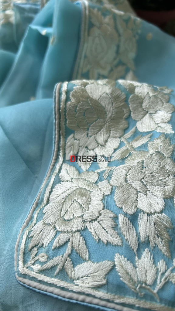 Blue Organza Parsi Gara Saree