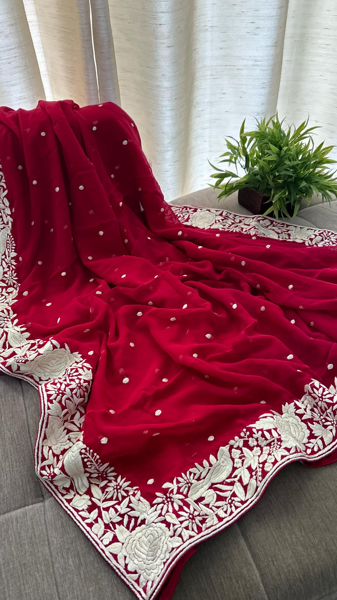 Pre Order Ivory & Red Parsi Gara Hand Embroidered Dupatta